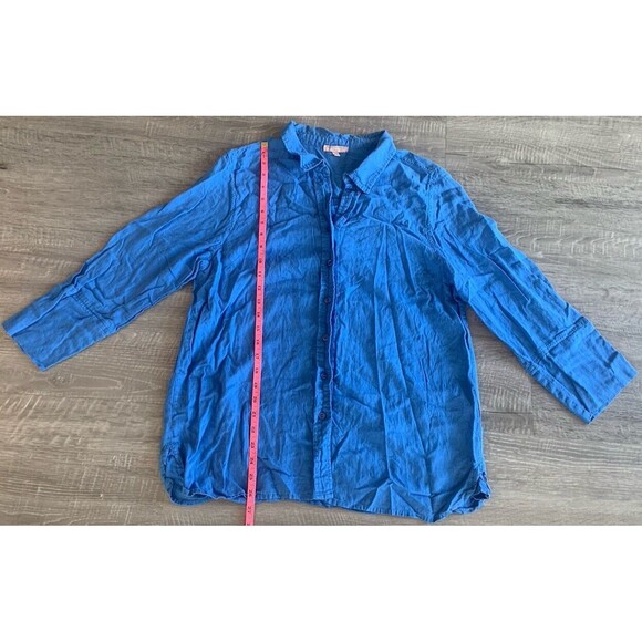 Saint Tropez West Linen Blend Button Up Top Woman Sz XL Blue Long Sleeve Collar - Picture 1 of 6